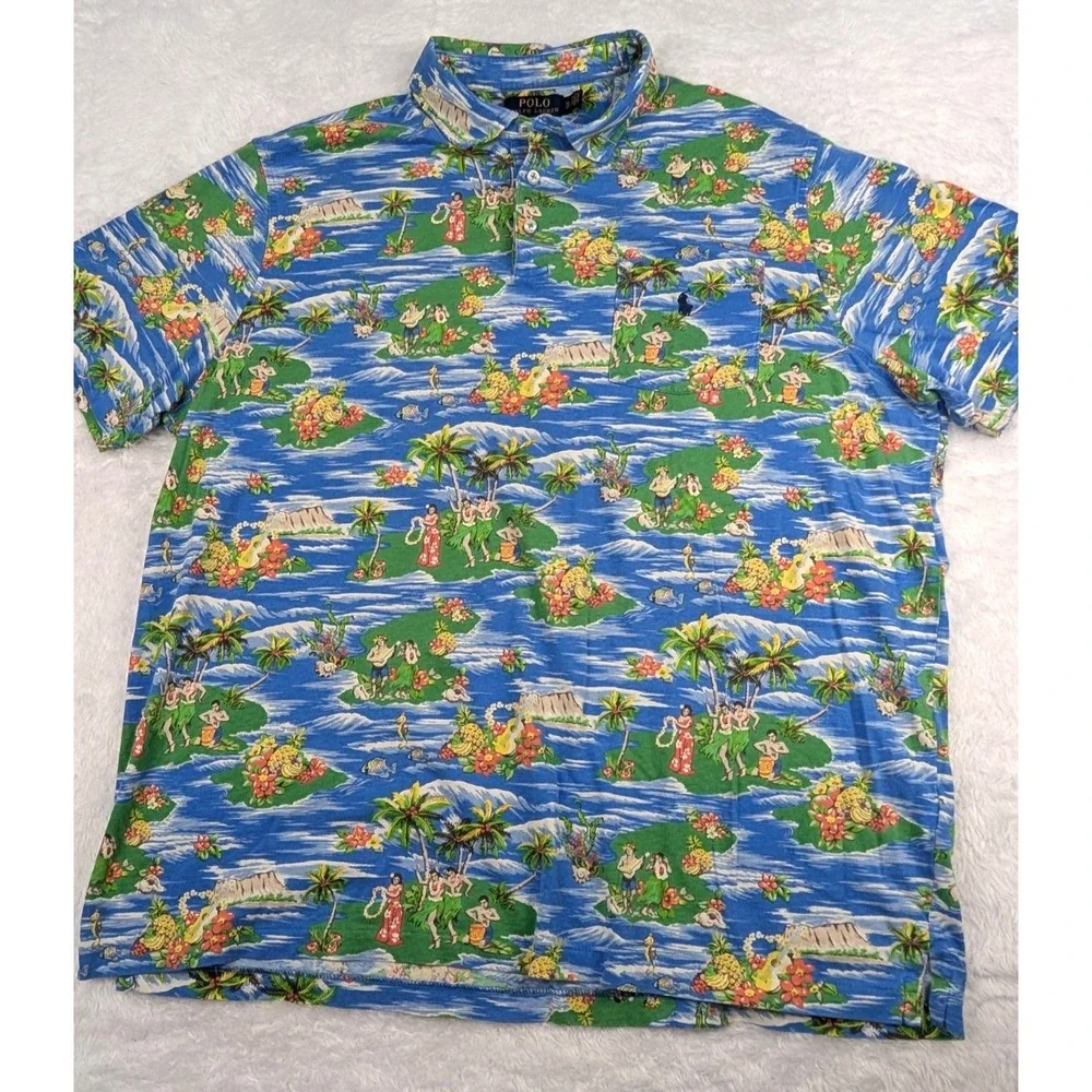 Ralph Lauren Polo Shirt Men's XL Blue Orange Hula Girl Hawaiian Island‎ Tropic